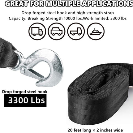 Trailer Winch Strap 2" x 20' with Safety Snap Hook 10000 lbs for Towing Vehicles, Boats and Jet Ski | Polyester | Longer Warranty.