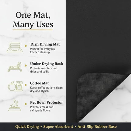 Dish Drying Mat Super Absorbent – 12" x 18" Coffee Mat for Countertops – Non-Slip Drying Mat for Kitchen Counter – Easy to Clean Water Absorbent Mat – Quick Dry Dish Drying Mats (Black).