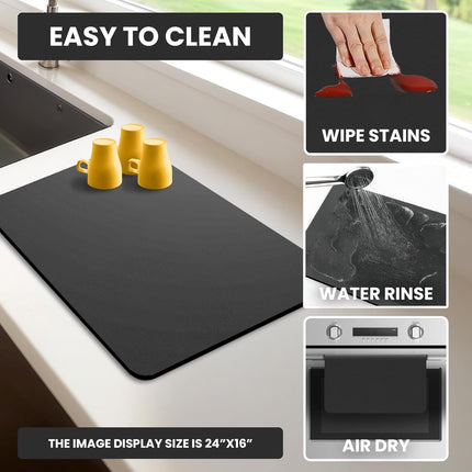 Dish Drying Mat Super Absorbent – 12" x 18" Coffee Mat for Countertops – Non-Slip Drying Mat for Kitchen Counter – Easy to Clean Water Absorbent Mat – Quick Dry Dish Drying Mats (Black).