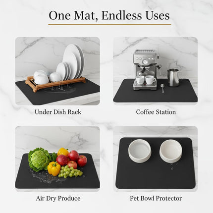 Dish Drying Mat Super Absorbent – 12" x 18" Coffee Mat for Countertops – Non-Slip Drying Mat for Kitchen Counter – Easy to Clean Water Absorbent Mat – Quick Dry Dish Drying Mats (Black).