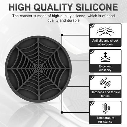4PCS Spider Web Car Coasters for Cup Holders, Halloween Funny Non-Slip Silicone Insert Ornaments Coasters, Automotive Cupholder Goth Accessories for Men & Women(Black).