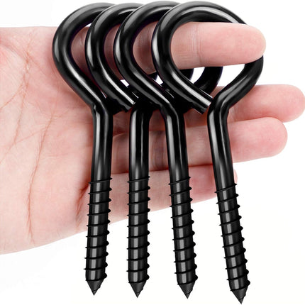 5 Inch Eye Hooks, Large Eye Bolts Screw in Hooks Carbon Steel, 4 Pcs Heavy Duty Black Large Screw Eye Hooks for Wood Securing Cables Wire, Heavy-Duty Applications.