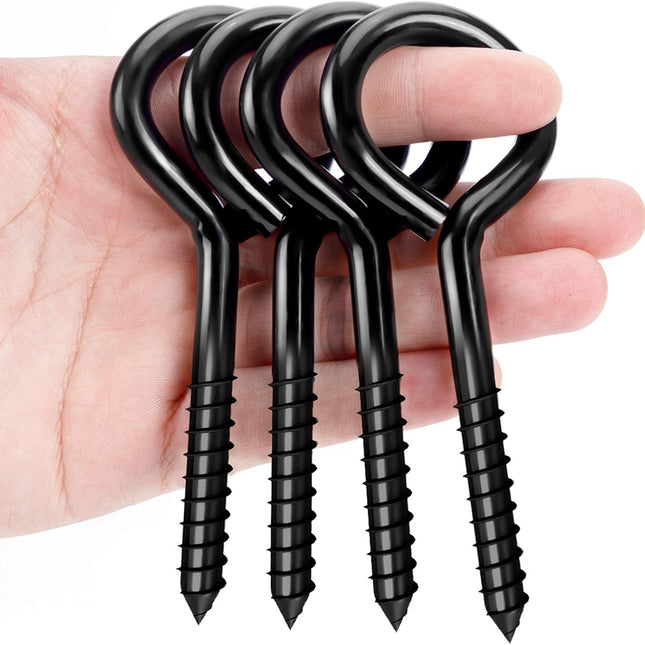 5 Inch Eye Hooks, Large Eye Bolts Screw in Hooks Carbon Steel, 4 Pcs Heavy Duty Black Large Screw Eye Hooks for Wood Securing Cables Wire, Heavy-Duty Applications.