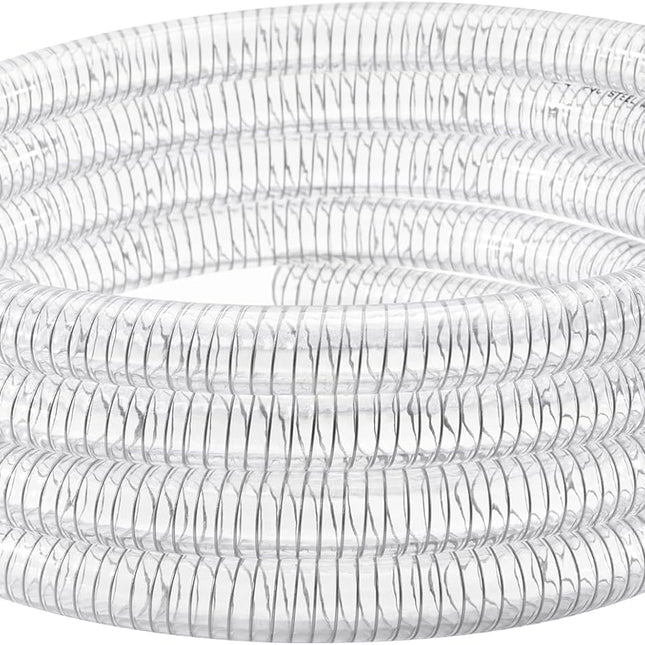 Wire Reinforced Hose 1" id - 10ft Clear High Pressure Suction Line Plastic Vinyl Tubing with Spiral Steel Wire, Drain Water Fuel Powder.