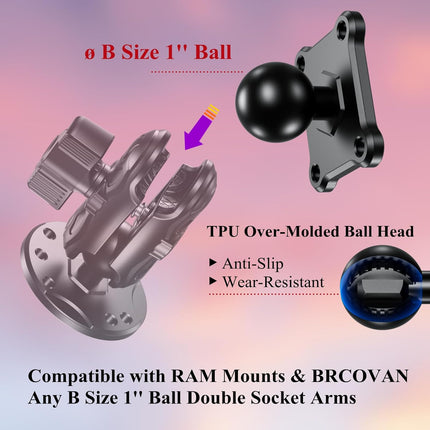 1'' Ball Mount Base with Aluminum Alloy 4-Hole AMPS Square Plate Compatible with RAM Mounts B Size 1 Inch Ball Double Socket Arm.