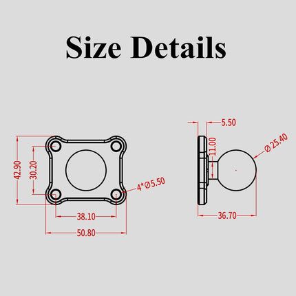 1'' Ball Mount Base with Aluminum Alloy 4-Hole AMPS Square Plate Compatible with RAM Mounts B Size 1 Inch Ball Double Socket Arm.