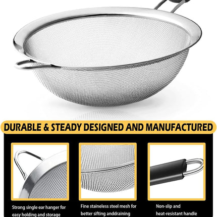 Stainless Steel Fine Mesh Strainers, Set of 3 Sizes Strainer for Kitchen, Wire Sieve with Insulated Handle Kitchen Strainer, Baking Tools Colander, Food Preparation, Flour Sifter, Rice, Pasta Strainer.