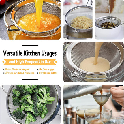 Stainless Steel Fine Mesh Strainers, Set of 3 Sizes Strainer for Kitchen, Wire Sieve with Insulated Handle Kitchen Strainer, Baking Tools Colander, Food Preparation, Flour Sifter, Rice, Pasta Strainer.