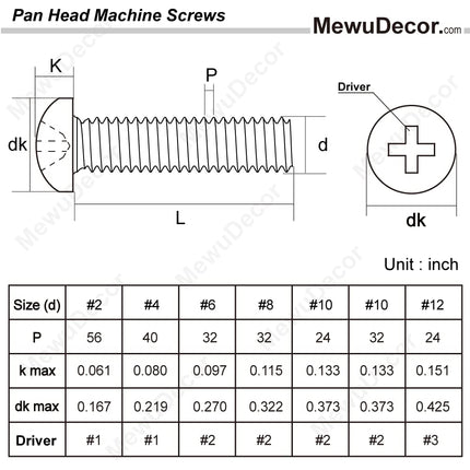 8-32 x 1/2" (1/4" to 3" Available) Pan Head Machine Screws, Full Thread, 304 Stainless Steel 18-8, Pack of 100.
