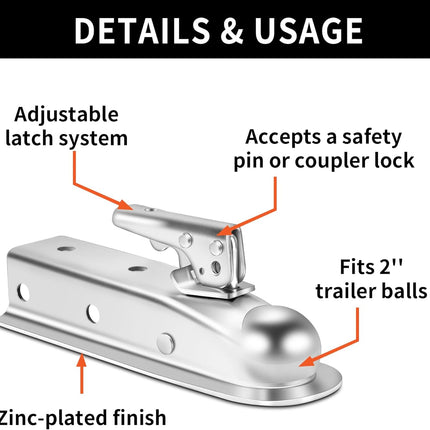 Straight Trailer Tongue Coupler for 2" Ball, 2" Channel Width Trailer Coupler 3,500LBS.