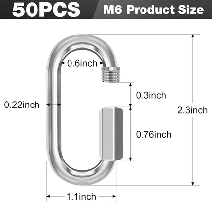 M6-50 Pack 2.3” Quick Links Chain Connectors, 1/4″ Galvanized Chain Locking Hooks, 620LBS Heavy Duty Thread Quick Link Clips, Twist Oval Keychain D Shape for Swing, Backpack, Key Ring.