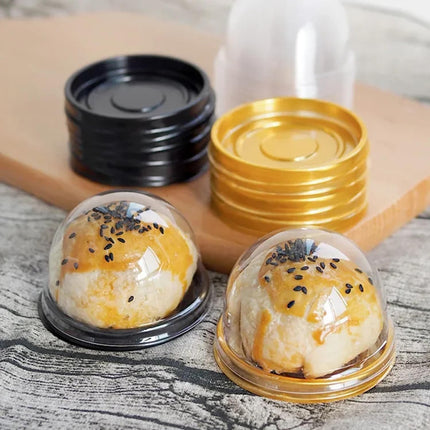 50Pcs Clear Plastic Mini Cake Box with Dome Lids, Mini Muffin Container Box Mooncake Dome Box Pastry Baking Packaging Boxes Wedding Birthday Gifts Supplies (Black Base).