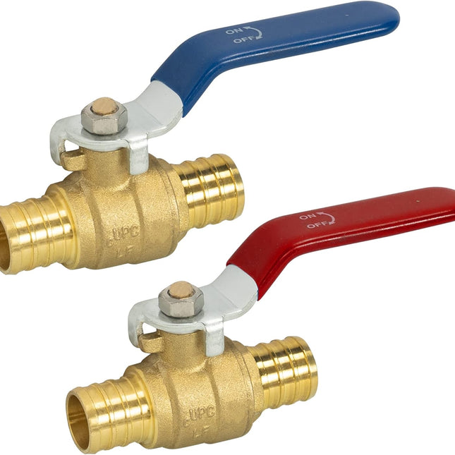 2 Pieces 3/4 Inch Pex Brass Full Port Shut Off Ball Valve Hot and Cold, Quarter Turn HOT (RED) COLD (BLUE) of Brass Water Stop Shut Off, 1 Piece Each.
