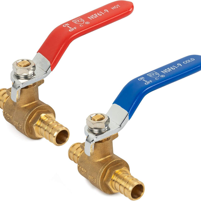 2 Pieces 1/2 Inch Pex Brass Full Port Shut Off Ball Valve HOT AND COLD, Quarter Turn HOT (RED) COLD (BLUE) of Brass Water Stop Shutt off, 1 Piece each.