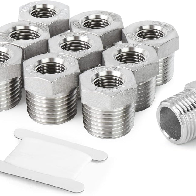 10PCS 304 Stainless Steel Reducer Hex Bushing, 3/8" NPT Male x 1/4" NPT Female, Reducing Pipe Adapter Fitting.