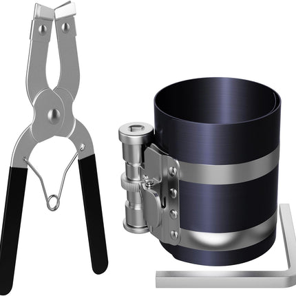 Piston Ring Compressor Tool,Car Engine Piston Ring Installer Removal Kit，Adjustable Sizes From 2-1/8 Inches To 7 Inches (53mm - 175mm) with Piston Installer Plier.
