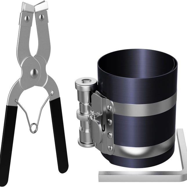 Piston Ring Compressor Tool,Car Engine Piston Ring Installer Removal Kit，Adjustable Sizes From 2-1/8 Inches To 7 Inches (53mm - 175mm) with Piston Installer Plier.