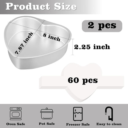 8 Inch Heart Cake Pan, Set of 2 Heart Shaped Cake Pans with 60 Pieces Parchment Paper, Non-stick Cake Baking Pans for Kitchen Birthday Wedding.