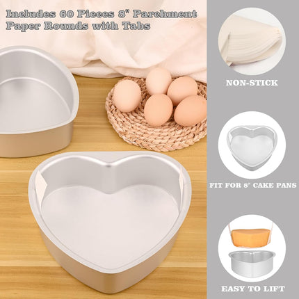 8 Inch Heart Cake Pan, Set of 2 Heart Shaped Cake Pans with 60 Pieces Parchment Paper, Non-stick Cake Baking Pans for Kitchen Birthday Wedding.