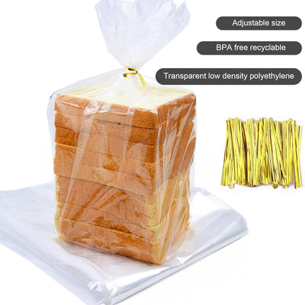 120Pcs Plastic Bread Bags for Homemade Bread and 120 Ties, 18 x 8 x 4 Inch Reusable Clear Loaf Bags, Adjustable, Perfect for Home Bakers and Bakeries (120Pcs).