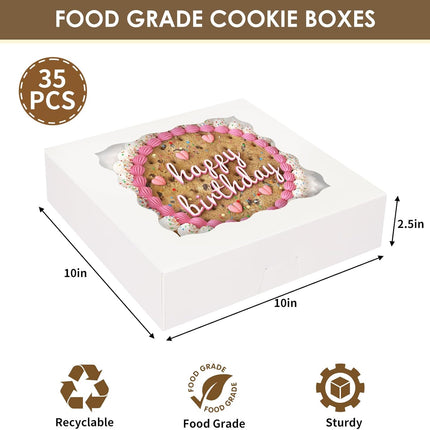 35pcs Bakery Boxes, 10x10x2.5 Inches Auto-Popup Cookie Boxes with Window for Pie, Cookie Cake, Treats, Pastries, Chocolate Covered Strawberries.