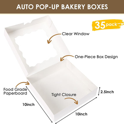 35pcs Bakery Boxes, 10x10x2.5 Inches Auto-Popup Cookie Boxes with Window for Pie, Cookie Cake, Treats, Pastries, Chocolate Covered Strawberries.