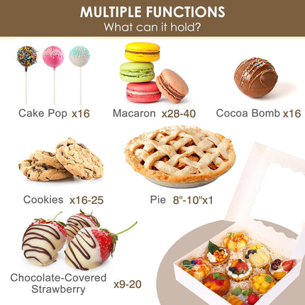 35pcs Bakery Boxes, 10x10x2.5 Inches Auto-Popup Cookie Boxes with Window for Pie, Cookie Cake, Treats, Pastries, Chocolate Covered Strawberries.