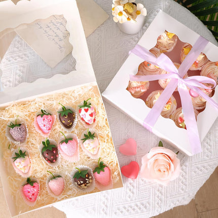 35pcs Bakery Boxes, 10x10x2.5 Inches Auto-Popup Cookie Boxes with Window for Pie, Cookie Cake, Treats, Pastries, Chocolate Covered Strawberries.