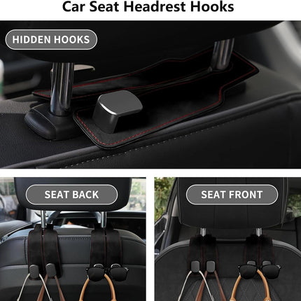 2 Pack Car Hooks for Headrest, Headrest Hooks Car Purse Hook Car Seat Back Storage Hook Premium Leather Car Seat Holder for Headrest Purses and Bags (Black).