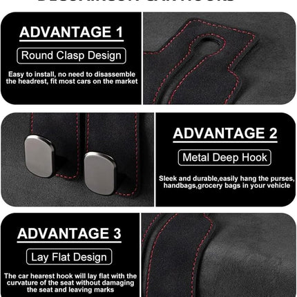 2 Pack Car Hooks for Headrest, Headrest Hooks Car Purse Hook Car Seat Back Storage Hook Premium Leather Car Seat Holder for Headrest Purses and Bags (Black).