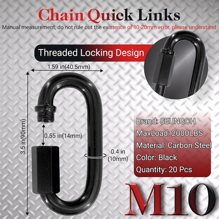 3.5" Black Chain Quick Link, 20 Pcs 3/8" Heavy Duty Locking Carabiner, 2000 LBS Capacity, Durable Chain Connector for Hanging Keys, Dog Leash, and Fence Gates.