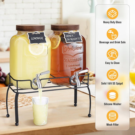 Glass Drink Dispenser for Parties, 1 Gallon Beverage Dispenser with Stand and Spigot Solid Stainless Steel, Used as Lemonade Dispenser Sun Tea Jar Kombucha Jar, Set of 2.