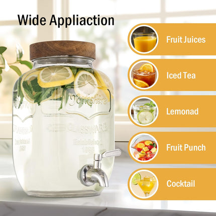 Glass Drink Dispenser for Parties, 1 Gallon Beverage Dispenser with Stand and Spigot Solid Stainless Steel, Used as Lemonade Dispenser Sun Tea Jar Kombucha Jar, Set of 2.