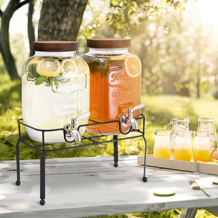 Glass Drink Dispenser for Parties, 1 Gallon Beverage Dispenser with Stand and Spigot Solid Stainless Steel, Used as Lemonade Dispenser Sun Tea Jar Kombucha Jar, Set of 2.