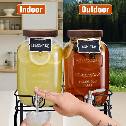 Glass Drink Dispenser for Parties, 1 Gallon Beverage Dispenser with Stand and Spigot Solid Stainless Steel, Used as Lemonade Dispenser Sun Tea Jar Kombucha Jar, Set of 2.