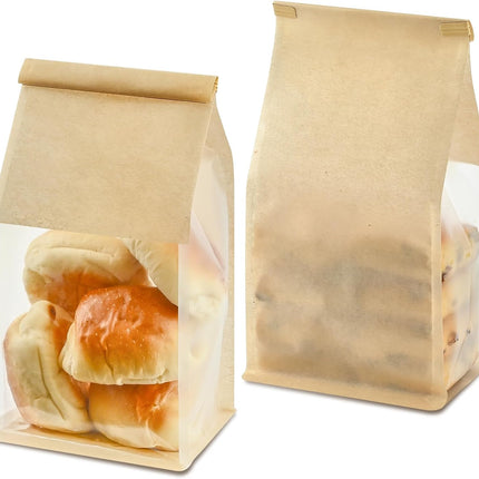 50 PCS Bread Bags for Homemade Breads, 11 x 5.1 x 3.9 Inches Bakery Bags with Tin Tie Tab Lock, Cookie Bags with Window for Pastry Bagel Packaging.