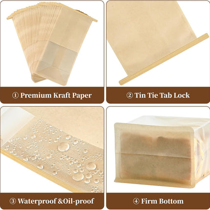 50 PCS Bread Bags for Homemade Breads, 11 x 5.1 x 3.9 Inches Bakery Bags with Tin Tie Tab Lock, Cookie Bags with Window for Pastry Bagel Packaging.