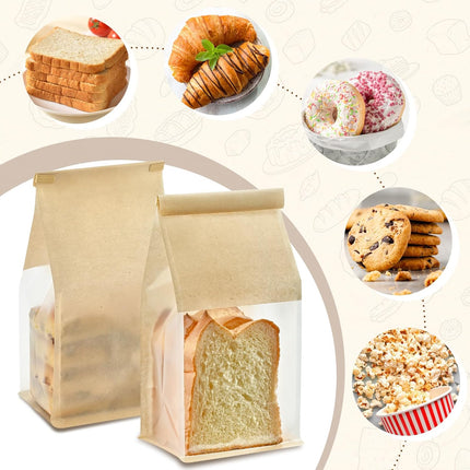 50 PCS Bread Bags for Homemade Breads, 11 x 5.1 x 3.9 Inches Bakery Bags with Tin Tie Tab Lock, Cookie Bags with Window for Pastry Bagel Packaging.