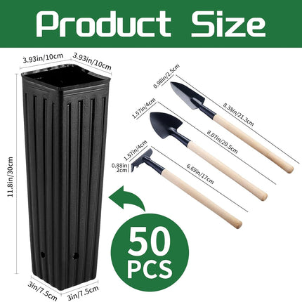 50 Pcs 12" Tall Tree Pots Plastic Deep Nursery Pots Tall Nursery Tree Pots Plant Deep Seedling Pots, Flower Plant Container Pots with 3 Pcs Garden Tools for Indoor Outdoor Use.