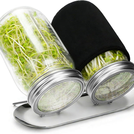 Sprouting Kit with Stainless Steel Screen Sprouting Lids & Glass Mason Jars & Light-Blocking Sleeves, 2Pack Premium Reusable Sprouts Growing Kit for Organic Broccoli Alfalfa Seeds Bean Sprouts.