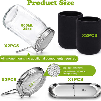 Sprouting Kit with Stainless Steel Screen Sprouting Lids & Glass Mason Jars & Light-Blocking Sleeves, 2Pack Premium Reusable Sprouts Growing Kit for Organic Broccoli Alfalfa Seeds Bean Sprouts.