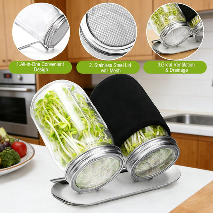 Sprouting Kit with Stainless Steel Screen Sprouting Lids & Glass Mason Jars & Light-Blocking Sleeves, 2Pack Premium Reusable Sprouts Growing Kit for Organic Broccoli Alfalfa Seeds Bean Sprouts.