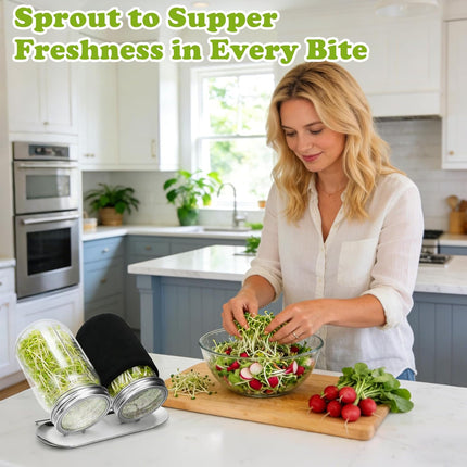 Sprouting Kit with Stainless Steel Screen Sprouting Lids & Glass Mason Jars & Light-Blocking Sleeves, 2Pack Premium Reusable Sprouts Growing Kit for Organic Broccoli Alfalfa Seeds Bean Sprouts.