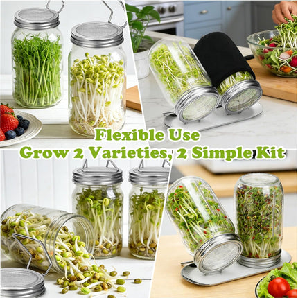 Sprouting Kit with Stainless Steel Screen Sprouting Lids & Glass Mason Jars & Light-Blocking Sleeves, 2Pack Premium Reusable Sprouts Growing Kit for Organic Broccoli Alfalfa Seeds Bean Sprouts.