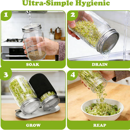 Sprouting Kit with Stainless Steel Screen Sprouting Lids & Glass Mason Jars & Light-Blocking Sleeves, 2Pack Premium Reusable Sprouts Growing Kit for Organic Broccoli Alfalfa Seeds Bean Sprouts.
