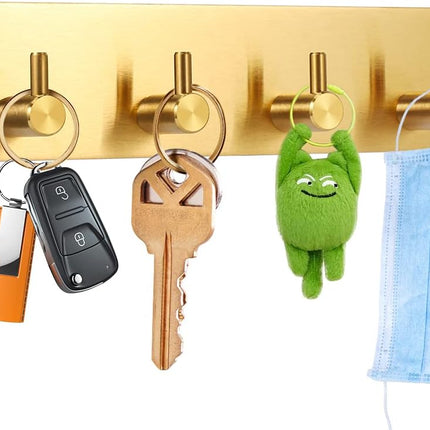 Key Holder for Christmas Wall Decorative, Adhesive Stainless Steel Key Hooks, Key Hanger Key Organizer Towel Hook Coat Hanger for Entryway Hallway Kitchen (Four Rows, Golden 1 PC).