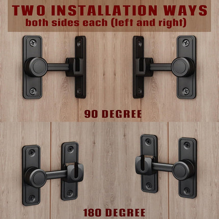 Barn Door Privacy Latch, 90°/180° Swing Slide Lock, Zinc-Alloy, Adhesive or Screw Mount, Interior Use for Bathroom/Bedroom/Closet/Shed, Includes Screws & Glue - Black.