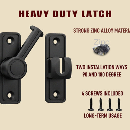 Barn Door Privacy Latch, 90°/180° Swing Slide Lock, Zinc-Alloy, Adhesive or Screw Mount, Interior Use for Bathroom/Bedroom/Closet/Shed, Includes Screws & Glue - Black.