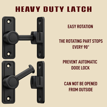 Barn Door Privacy Latch, 90°/180° Swing Slide Lock, Zinc-Alloy, Adhesive or Screw Mount, Interior Use for Bathroom/Bedroom/Closet/Shed, Includes Screws & Glue - Black.