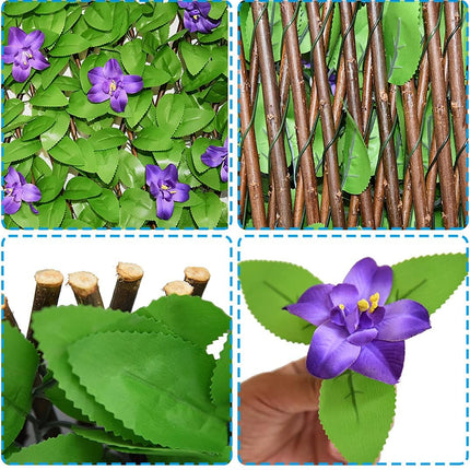 Expandable Fence Privacy Screen for Balcony Patio Outdoor,Decorative Faux Ivy Fencing Panel,Artificial Hedges (Single Sided Leaves) (1, Purple Flowers).